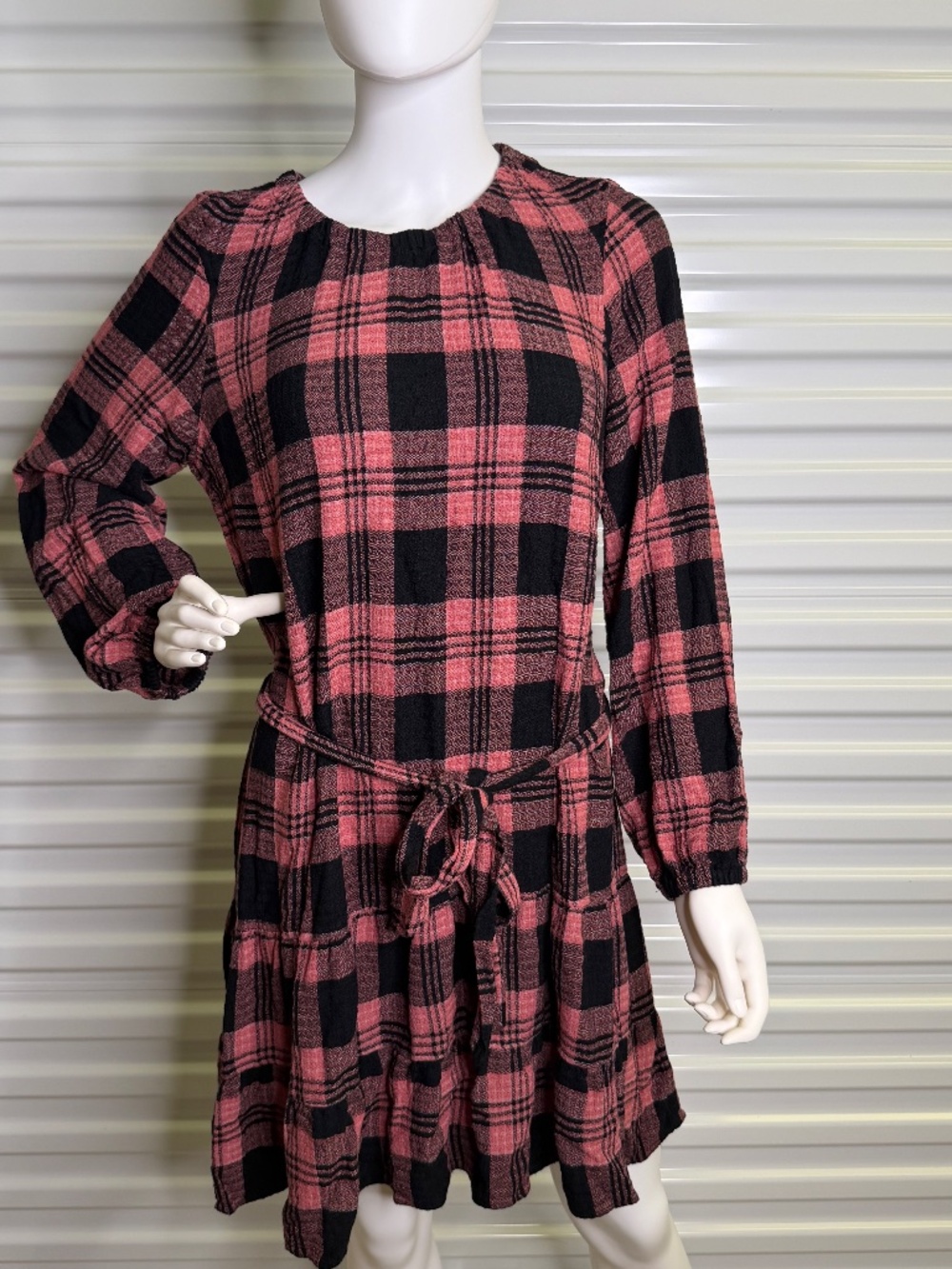 Cloth & Stone Anthropologie Pink Black Plaid Tiered Belt Daia Mini Dress Size M